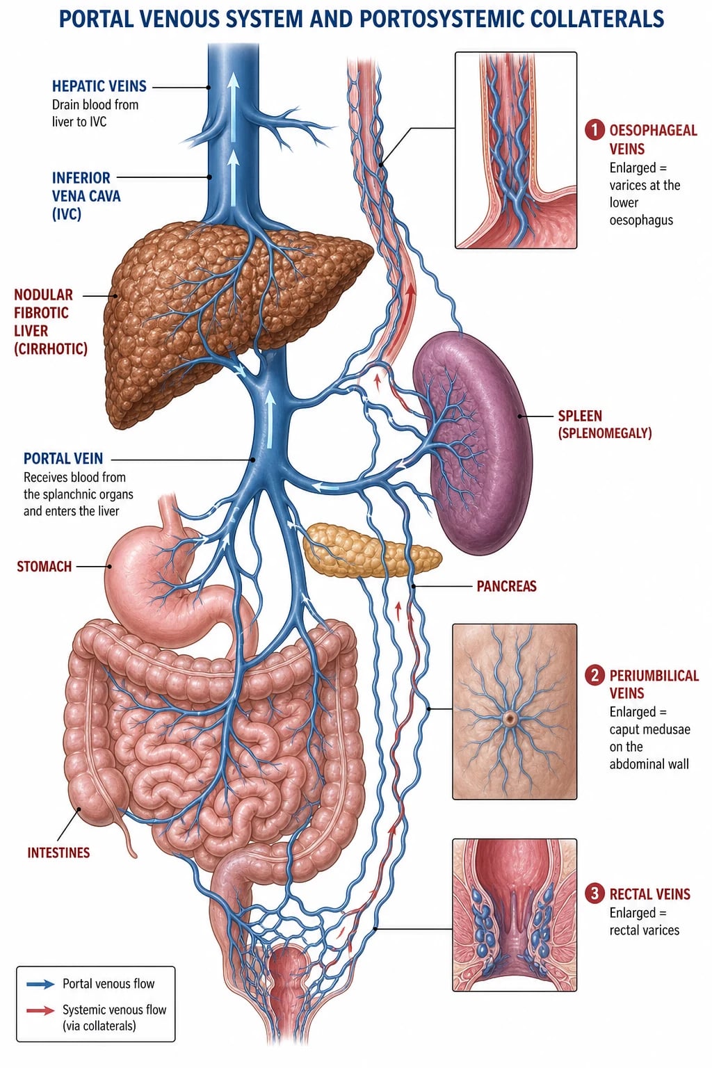 Portal venous system with cirrhotic liver showing portosystemic collaterals: oesophageal varices, caput medusae, splenomegaly.