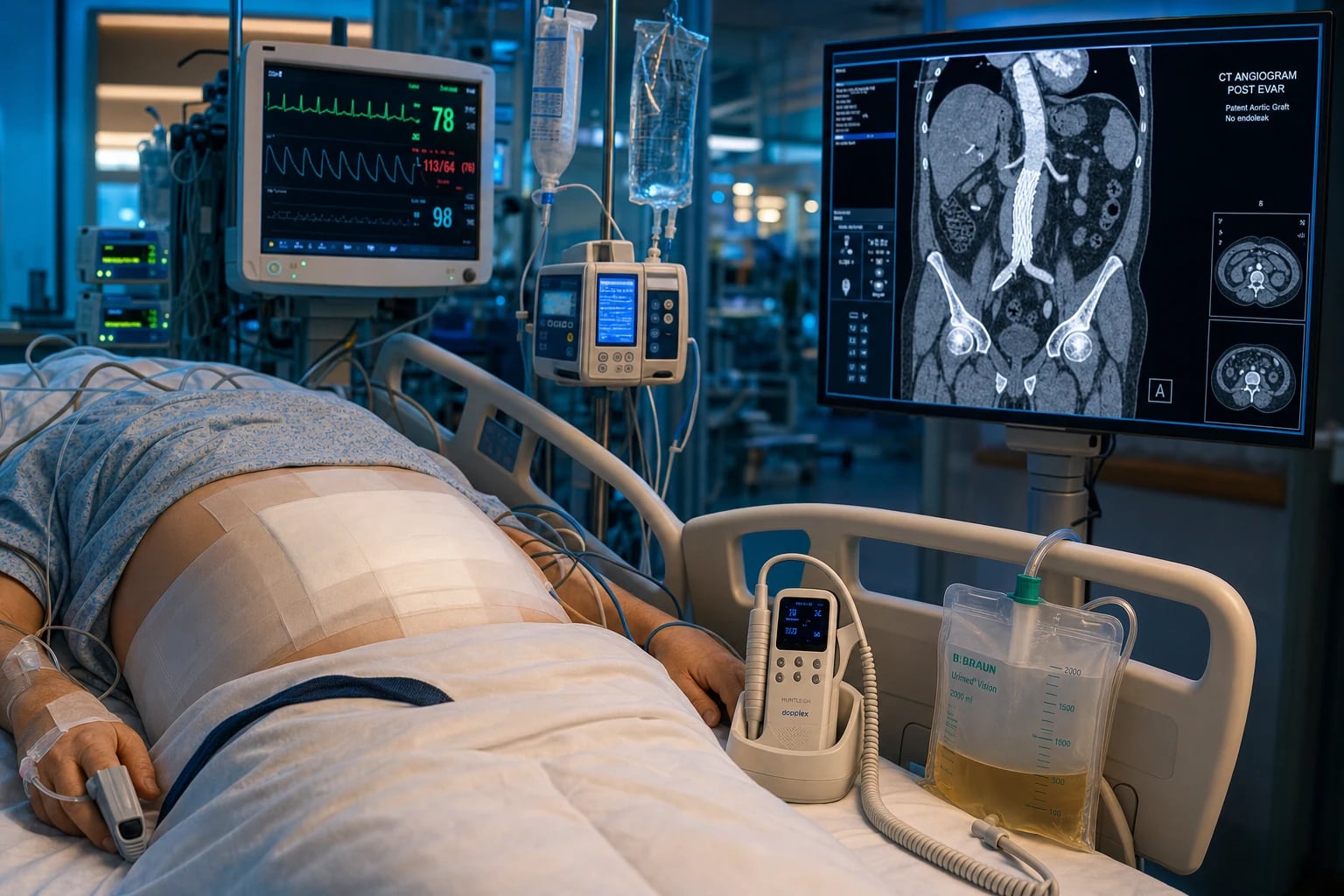 Cinematic ICU scene of a patient after an open AAA repair, a stable monitor, abdominal wound dressings, a urinary catheter with clear urine, IV fluids and analgesia, a CT angiogram showing a patent aortic graft, a Doppler probe for limb pulses, clinical-blue lighting