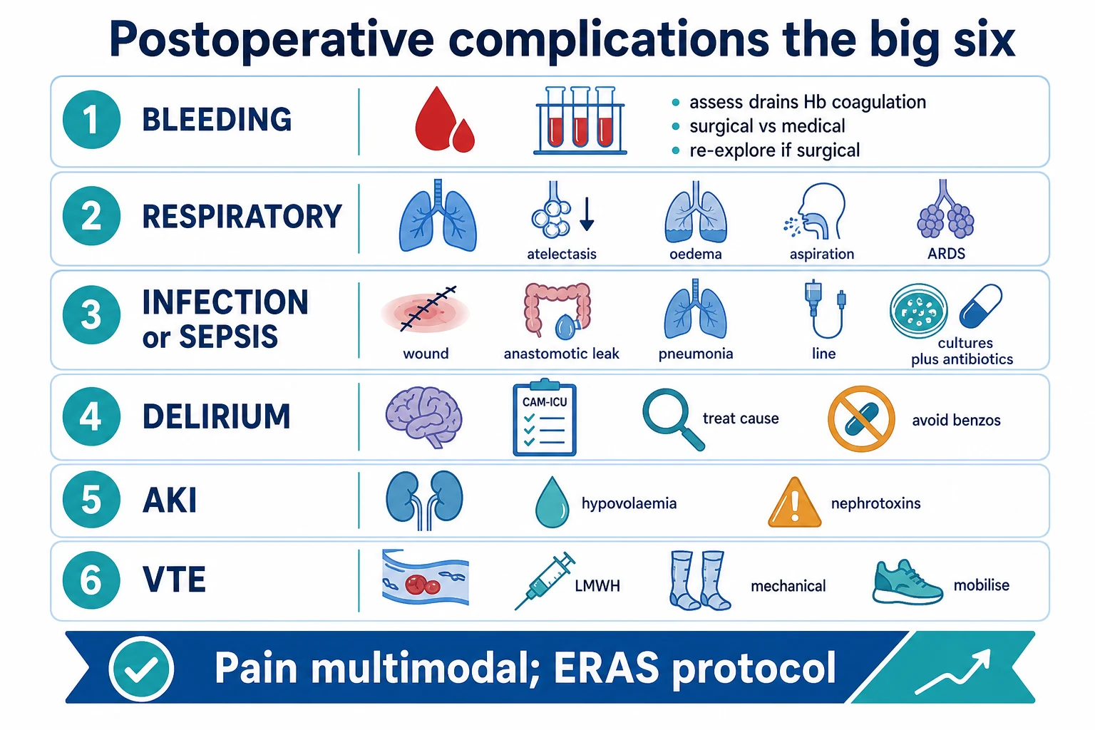 Six-row infographic on a white clinical-blue background: 1 BLEEDING (assess drains, Hb, coagulation; surgical vs medical; re-explore); 2 RESPIRATORY (atelectasis, oedema, aspiration, ARDS); 3 INFECTION or SEPSIS (wound, anastomotic leak, pneumonia, line; cultures + antibiotics); 4 DELIRIUM (CAM-ICU; treat cause; avoid benzos); 5 AKI (hypovolaemia, nephrotoxins); 6 VTE (LMWH, mechanical, mobilise); banner 'Pain: multimodal; ERAS protocol'. Flat vector illustration, crisp typography.