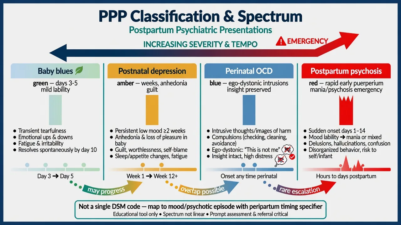 Spectrum from baby blues through postnatal depression and perinatal OCD to postpartum psychosis