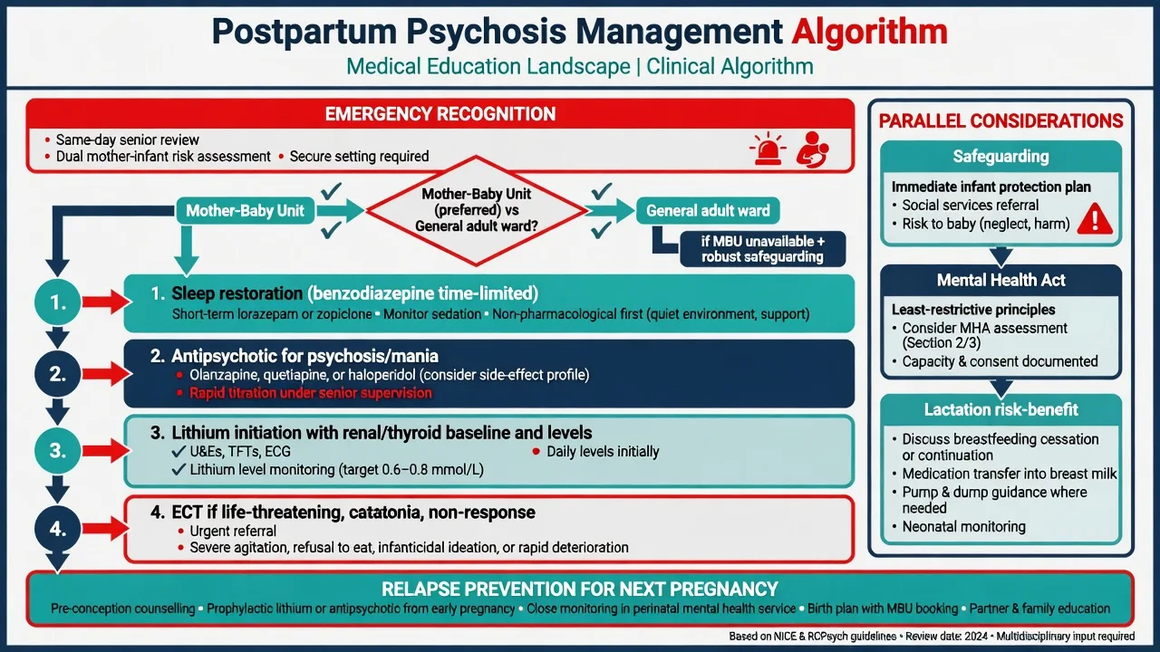 Management algorithm for postpartum psychosis including MBU admission, benzodiazepine, antipsychotic, lithium and ECT