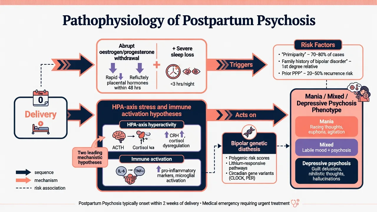 Mechanism diagram linking hormonal withdrawal, sleep loss and bipolar diathesis to postpartum psychosis