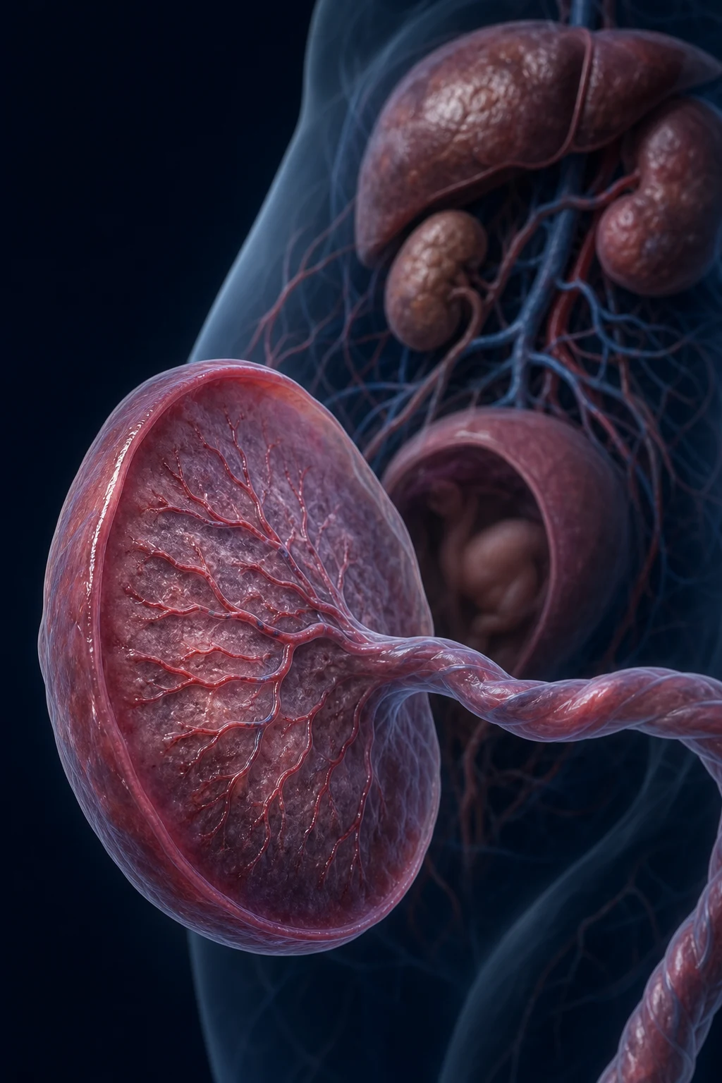 Abstract anatomical illustration showing a stylised placenta with abnormally shallow blood vessel development alongside downstream affected maternal organs against a deep navy background