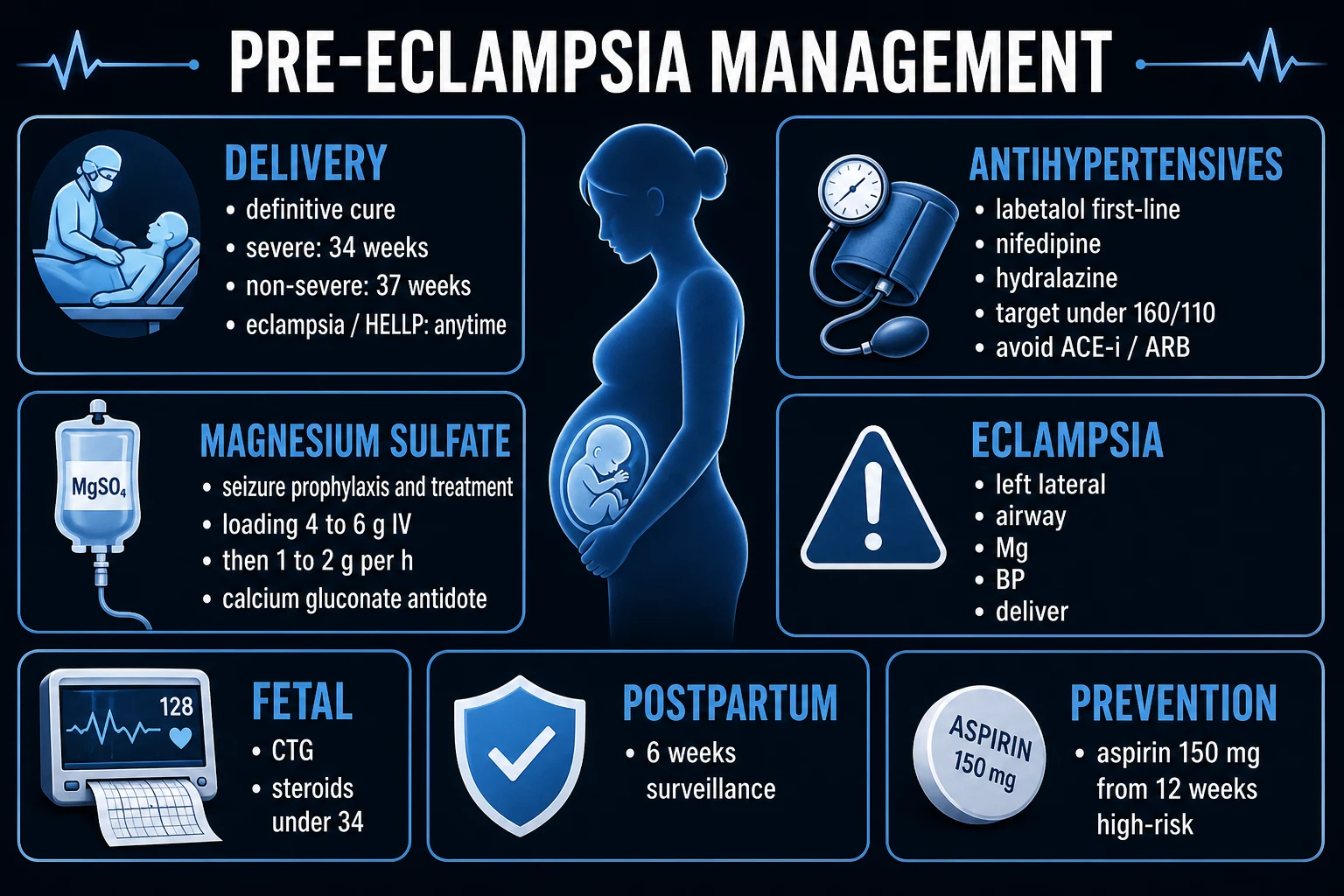 Clean educational management infographic showing the stepwise approach from antihypertensives and magnesium sulphate to delivery timing and postpartum care