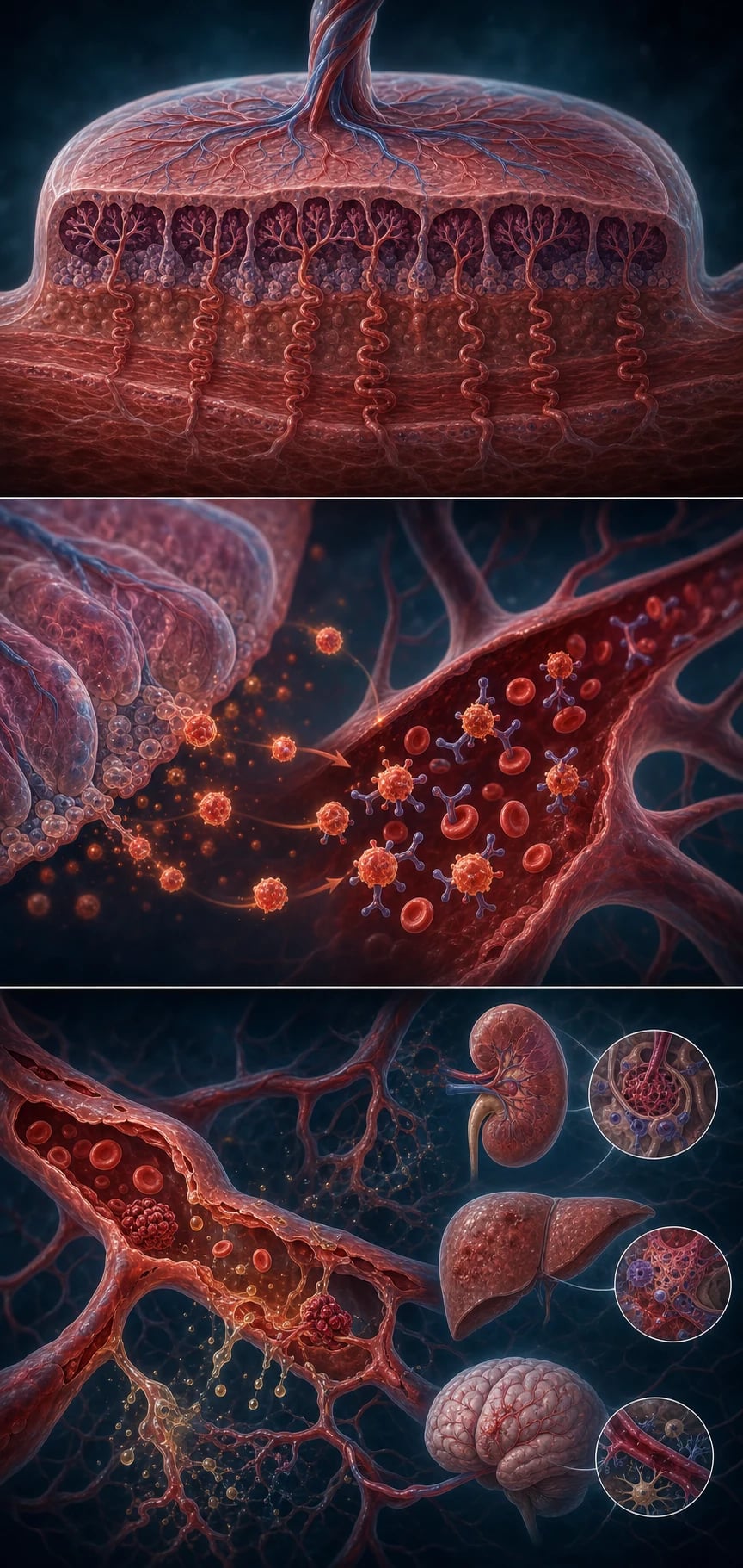 Three-panel abstract medical illustration of the two-stage pathogenesis of pre-eclampsia from abnormal placentation to maternal endothelial dysfunction