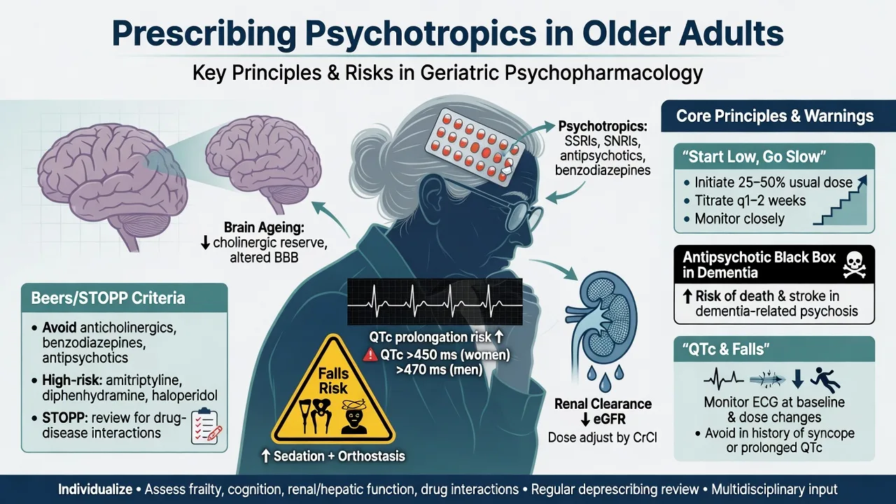 Educational poster on prescribing psychotropics in older adults highlighting Beers STOPP PK PD black-box QTc and falls