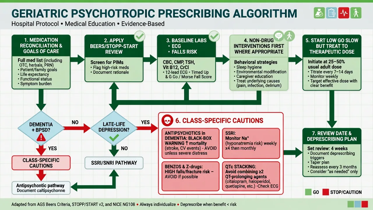 Stepwise algorithm for safe psychotropic prescribing in older adults including deprescribing