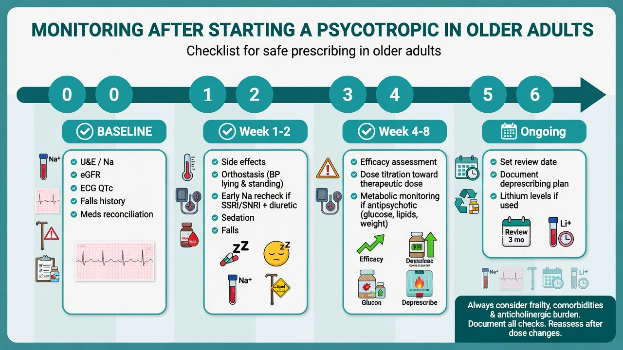 Timeline checklist for monitoring psychotropics in older adults from baseline through early and ongoing review