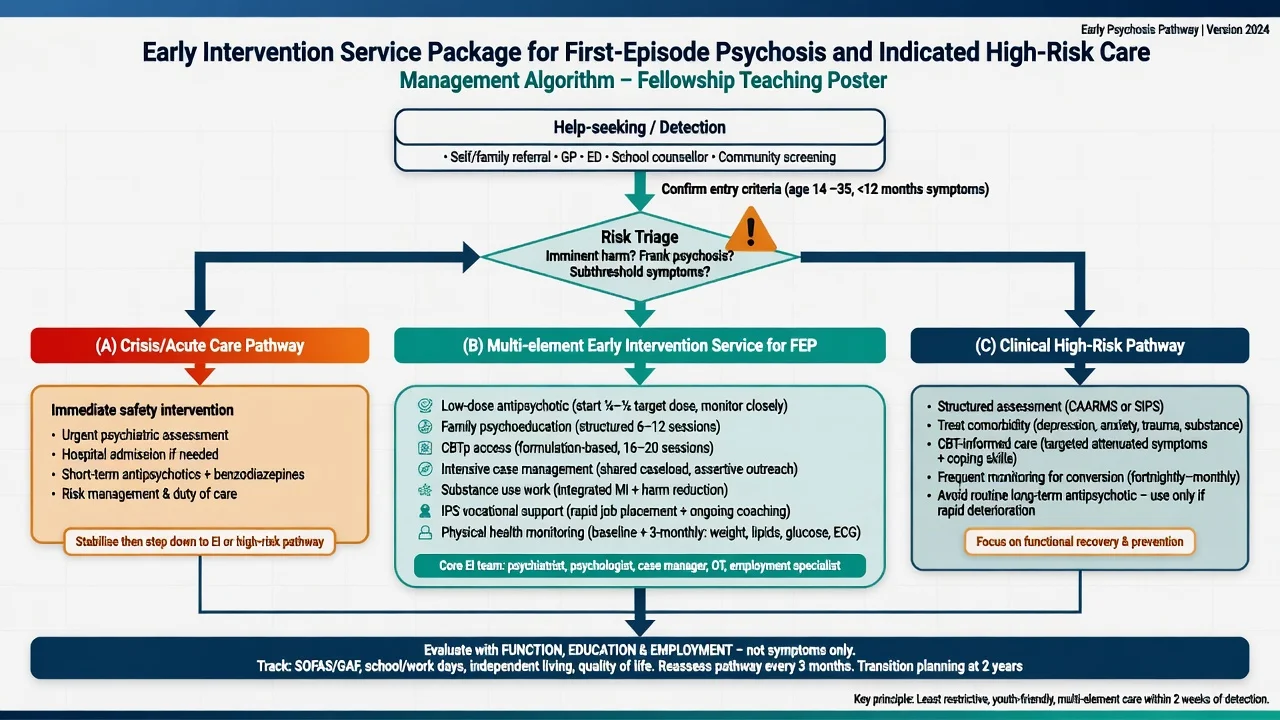 Algorithm from detection and triage to crisis care, multi-element early intervention for first-episode psychosis, and clinical high-risk monitoring pathway