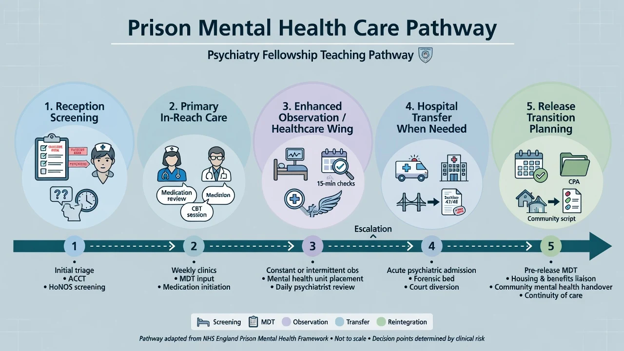 Five-step prison mental health care pathway from reception screening through in-reach, enhanced observation, hospital transfer, and release planning