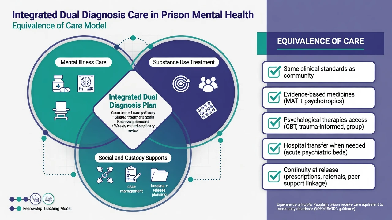 Venn diagram of mental illness care, substance use treatment, and social-custody supports with equivalence of care checklist