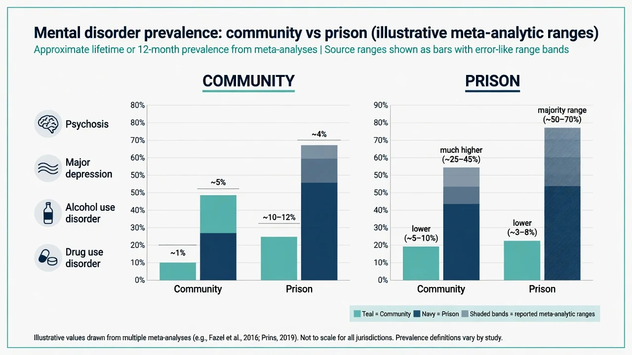 Educational comparison of illustrative community versus prison prevalence ranges for psychosis, depression, and substance use disorders