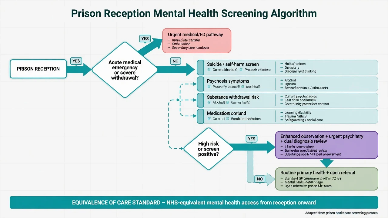Algorithm flowchart for prison reception mental health screening with emergency branch and high-risk escalation