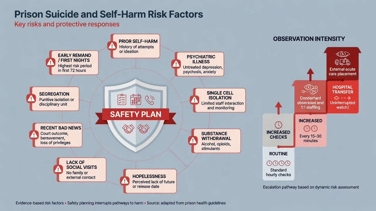 Prison suicide and self-harm risk factor ring around a safety plan with observation intensity ladder