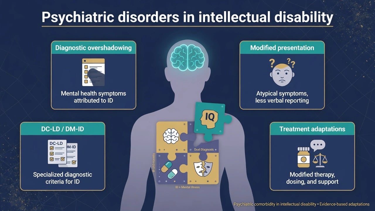 Overview infographic of psychiatric disorders in intellectual disability covering dual diagnosis, diagnostic overshadowing, modified presentation, DC-LD and treatment adaptations