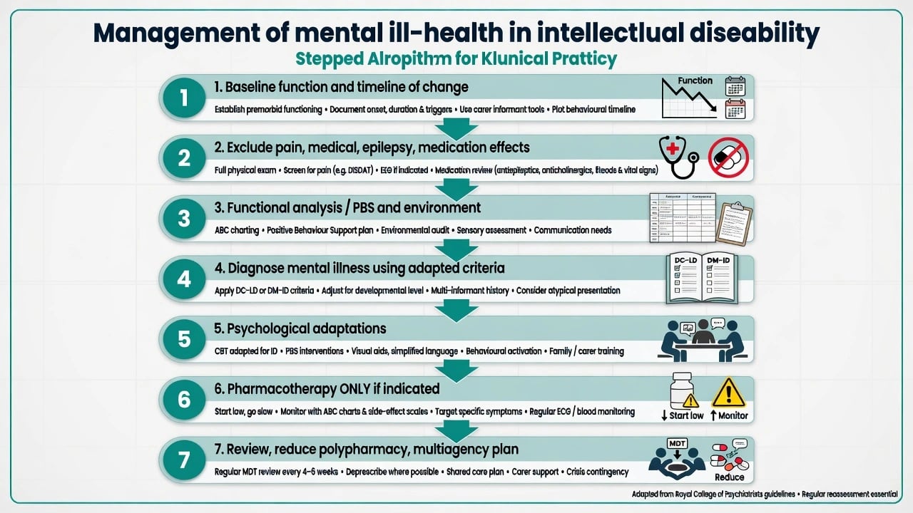 Stepwise management algorithm for mental ill-health in intellectual disability from medical exclusion through PBS and adapted therapy to cautious pharmacotherapy