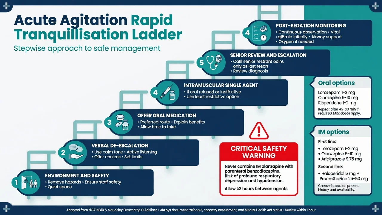 Stepwise agitation and rapid tranquillisation ladder with oral first and IM options