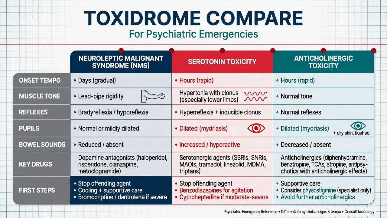 Comparison table of NMS, serotonin toxicity and anticholinergic toxicity