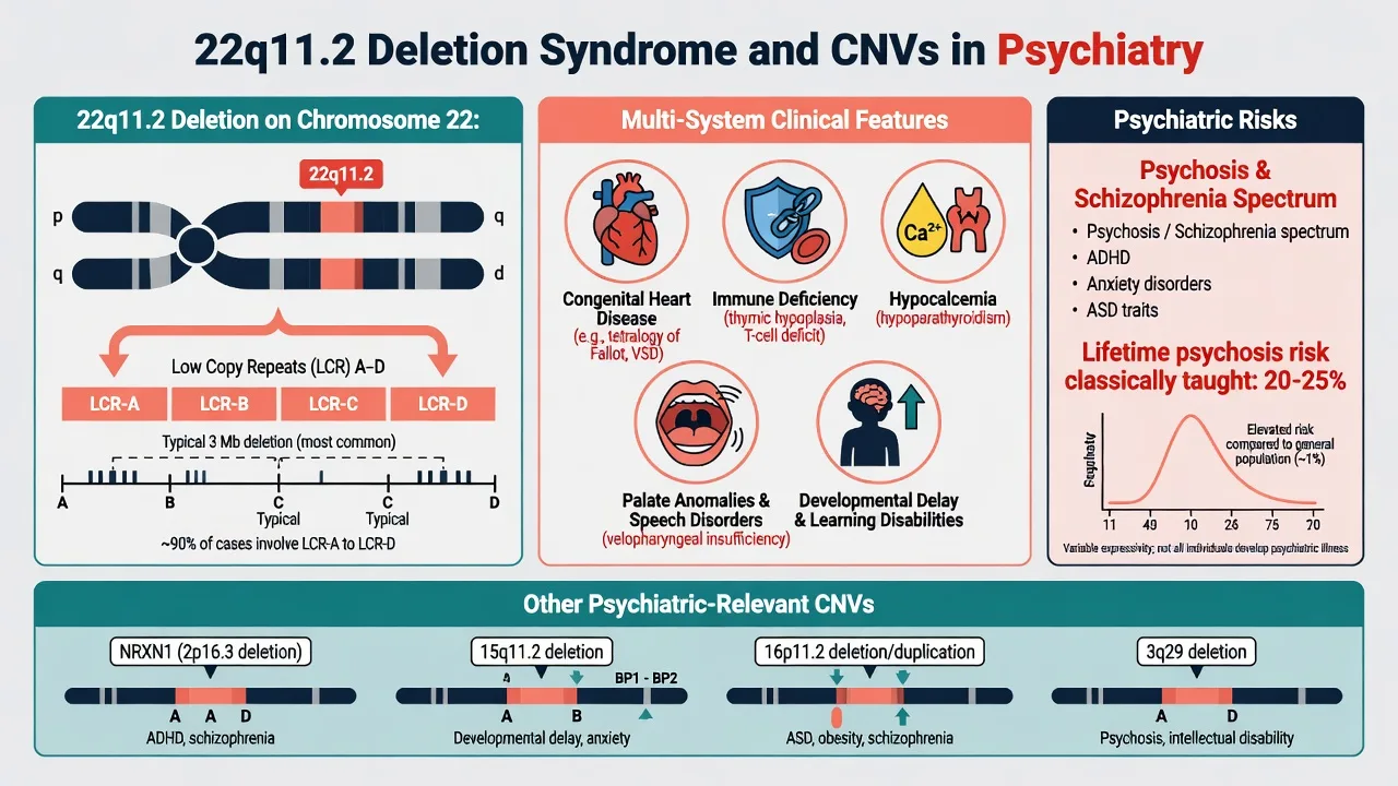 Chromosome 22q11.2 deletion schematic with multisystem medical features and psychiatric risk panel including other CNV examples