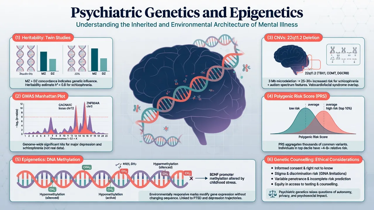 Overview infographic of psychiatric genetics covering heritability, twin studies, GWAS, CNVs, polygenic risk, epigenetics, and counselling ethics