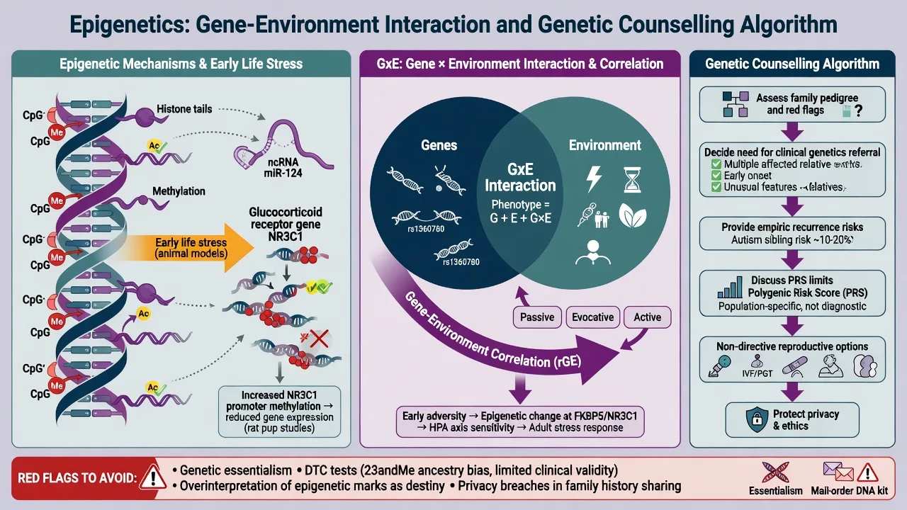 Epigenetics mechanisms, gene-environment diagram, and genetic counselling algorithm with ethics caveats