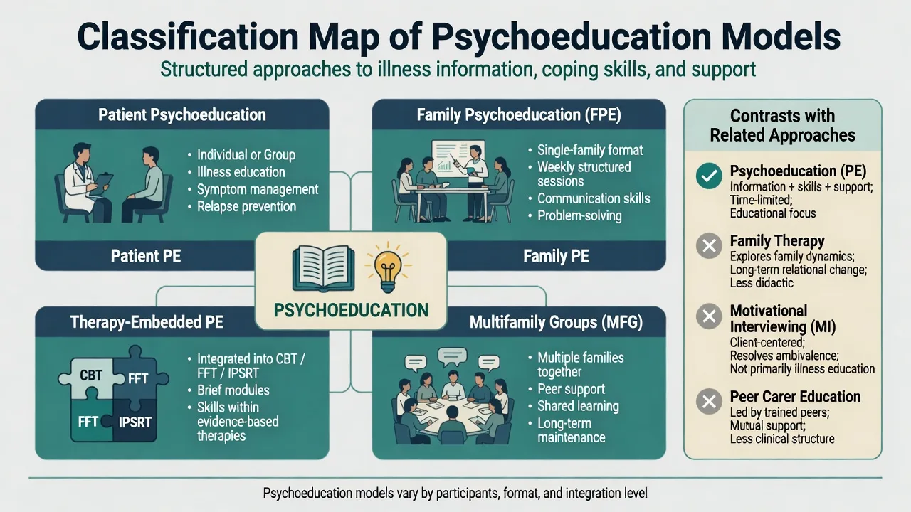 Classification map of patient psychoeducation, family psychoeducation, multifamily groups, and therapy-embedded PE