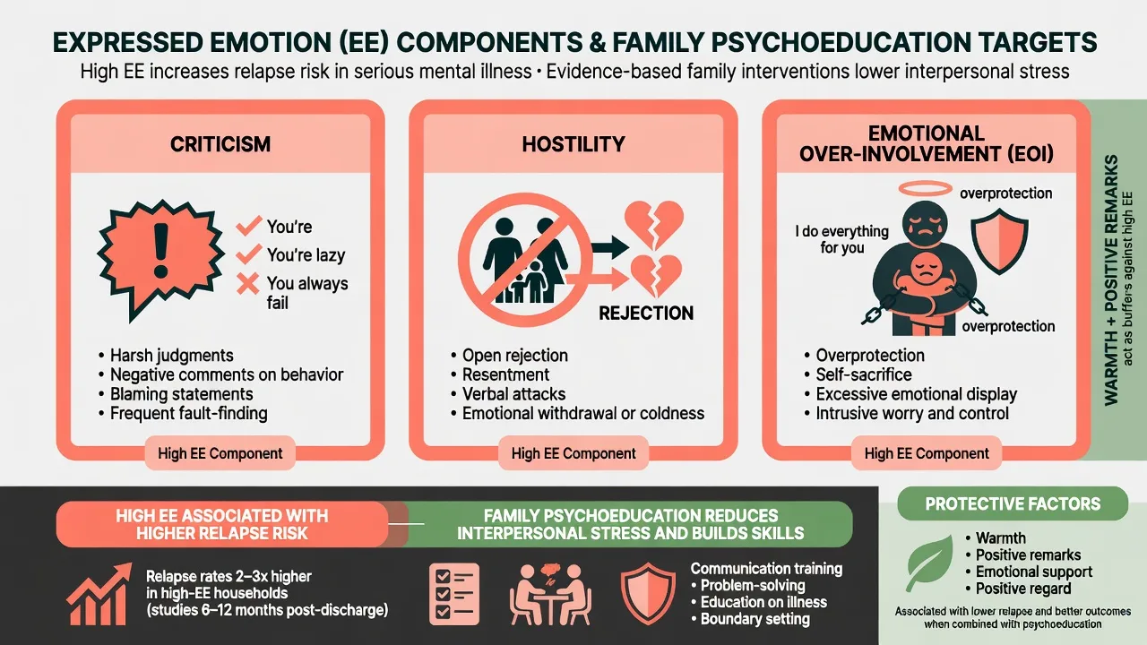 Three panels for criticism, hostility, and emotional over-involvement with FPE targets and protective warmth