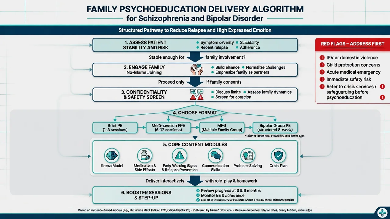 Algorithm from risk assessment through format choice to core PE modules and booster sessions