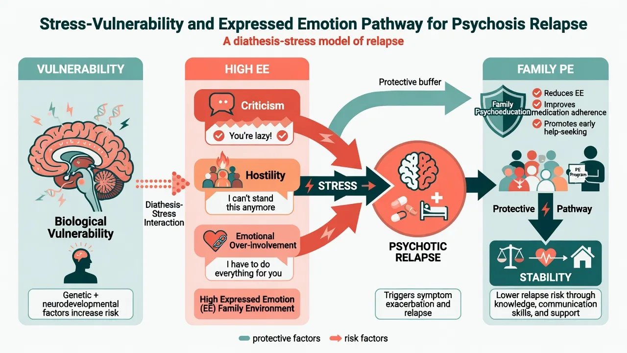 Stress-vulnerability diagram linking biological vulnerability, high expressed emotion components, psychotic relapse, and protective family psychoeducation