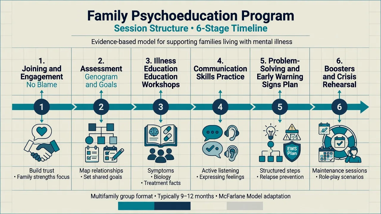 Six-stage timeline: joining, assessment, education, communication skills, problem-solving and early warning signs, boosters