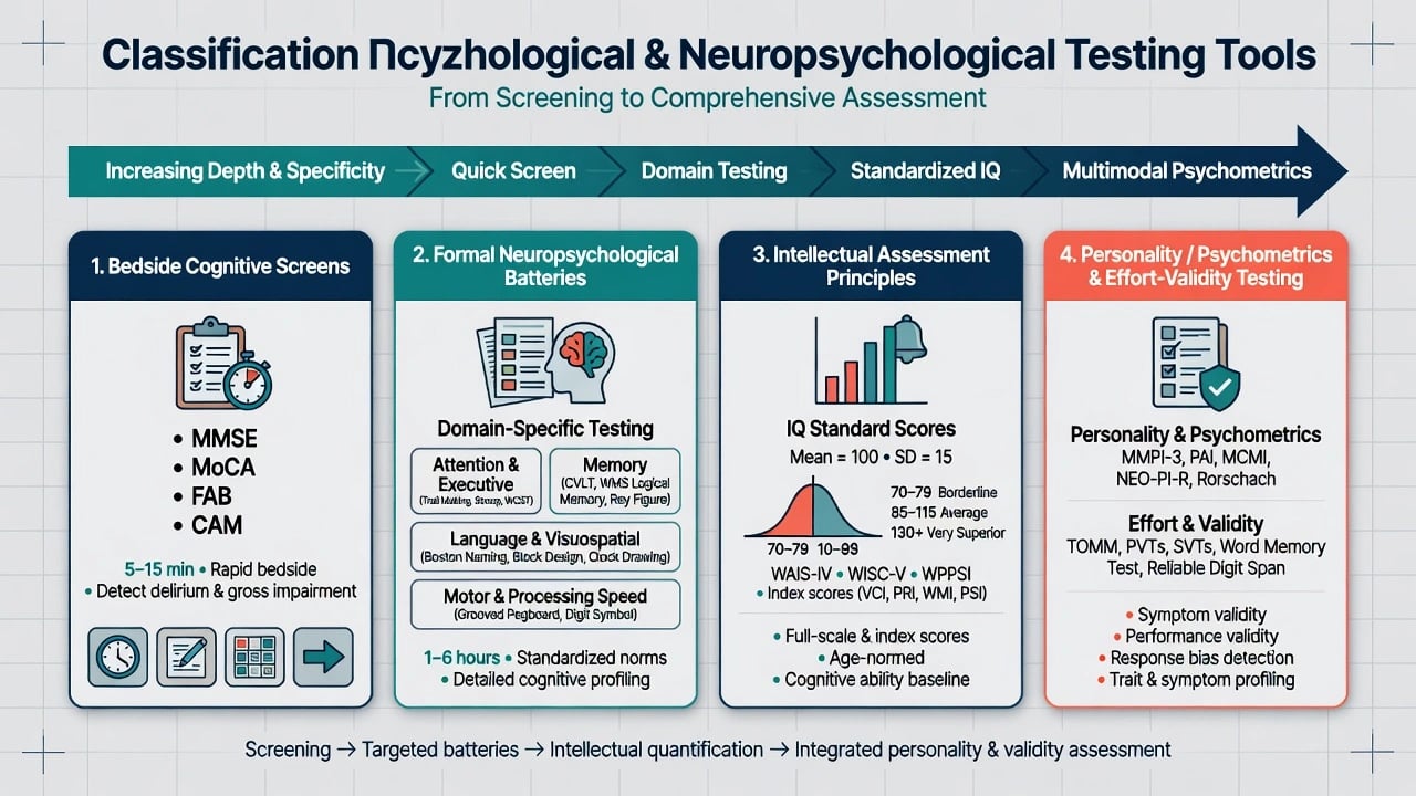 Classification of psychological and neuropsychological testing tools from bedside screens to formal batteries, IQ principles, and effort-validity testing