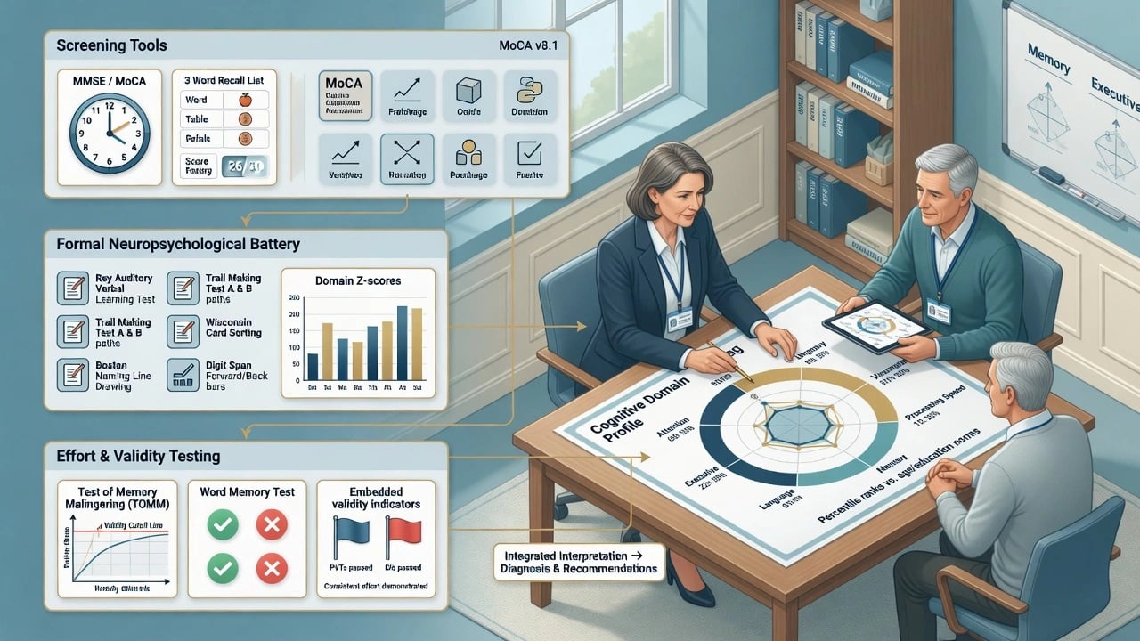 Educational illustration of collaborative psychological and neuropsychological assessment with domain profile and screening panels