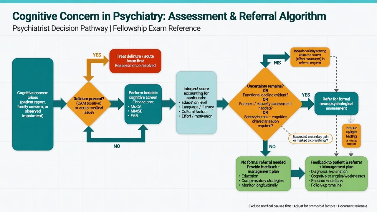 Clinical algorithm flowchart from cognitive concern through delirium check, bedside screening, confounds, formal referral, and validity testing
