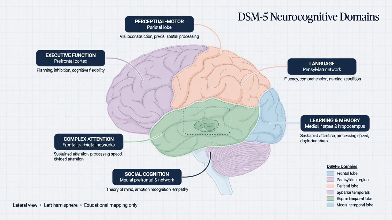 Educational diagram mapping six DSM-5 neurocognitive domains to simplified brain systems for psychiatric teaching