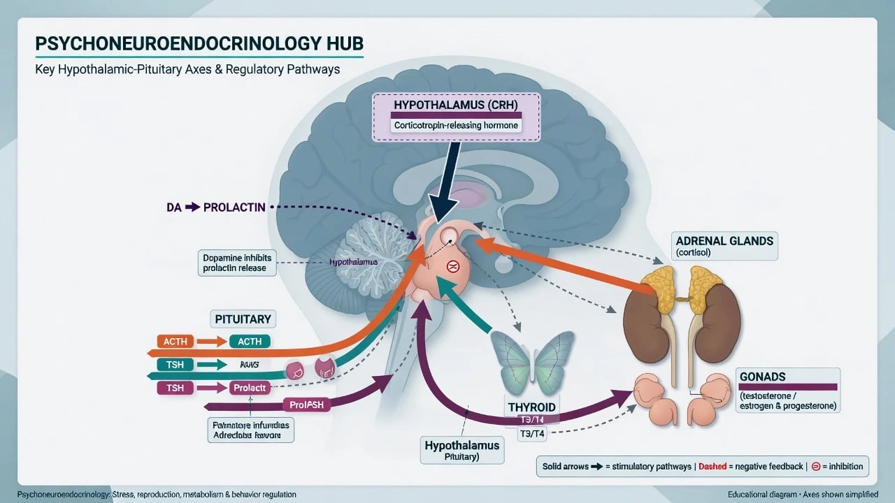 Educational hub diagram of hypothalamic-pituitary axes including HPA HPT HPG and dopamine inhibition of prolactin