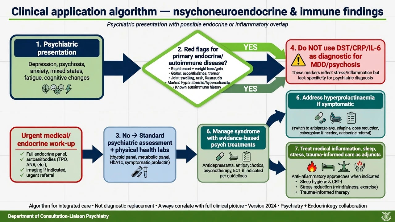 Clinical algorithm flowchart for psychiatric presentation with endocrine or immune overlap including red flags labs and treatment pathways