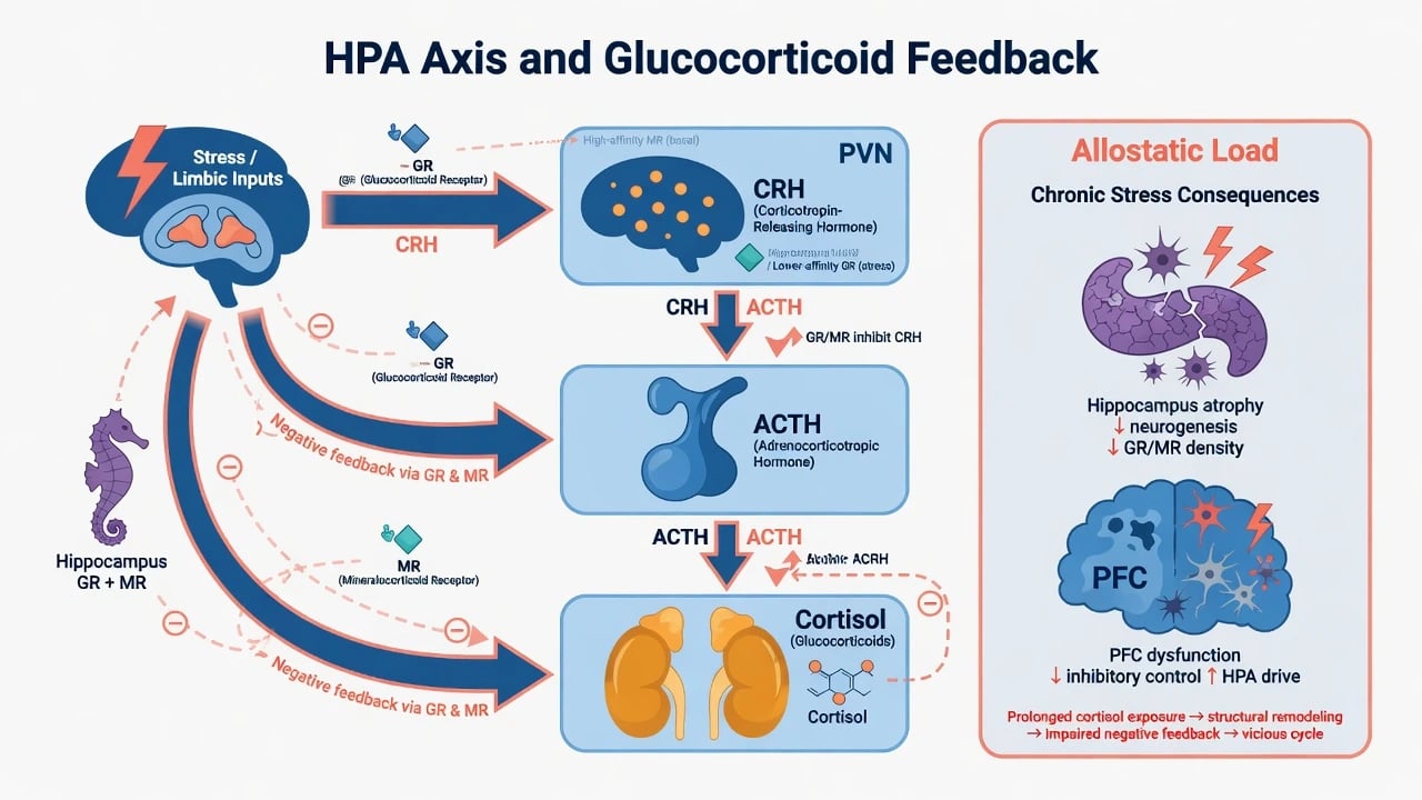 HPA axis cascade from limbic stress inputs through CRH ACTH cortisol with GR and MR negative feedback and allostatic load panel