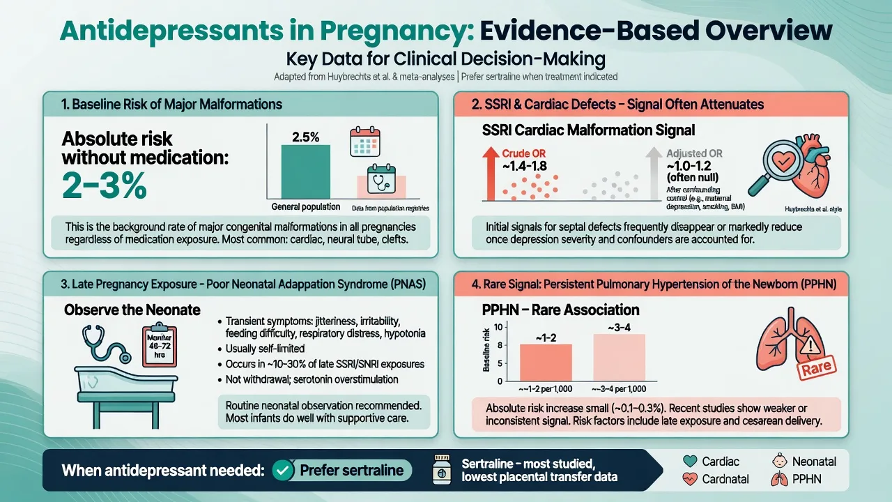 Four-panel SSRI pregnancy signals: baseline MCM, adjusted cardiac risk, PNAS, PPHN