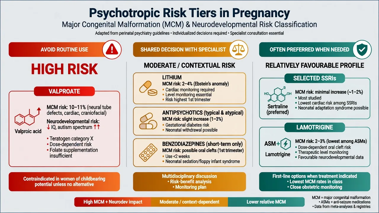 Three-tier classification of psychotropics in pregnancy: avoid routine valproate, shared-decision specialist agents, often-preferred-when-needed agents