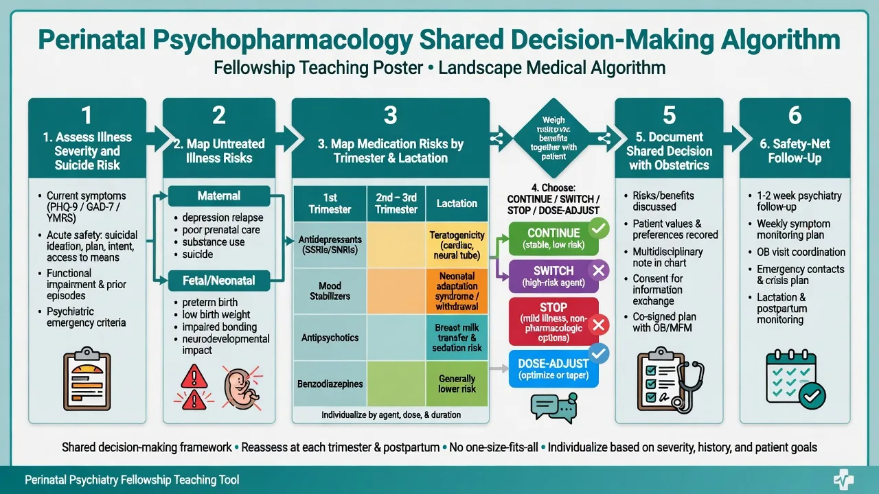 Flowchart continue switch stop dose-adjust shared decision perinatal psychopharmacology