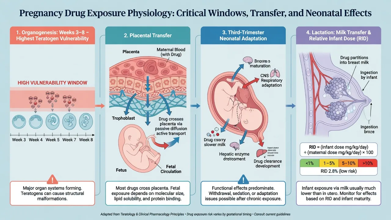 Organogenesis window, placental transfer, third-trimester adaptation and lactation RID pathway