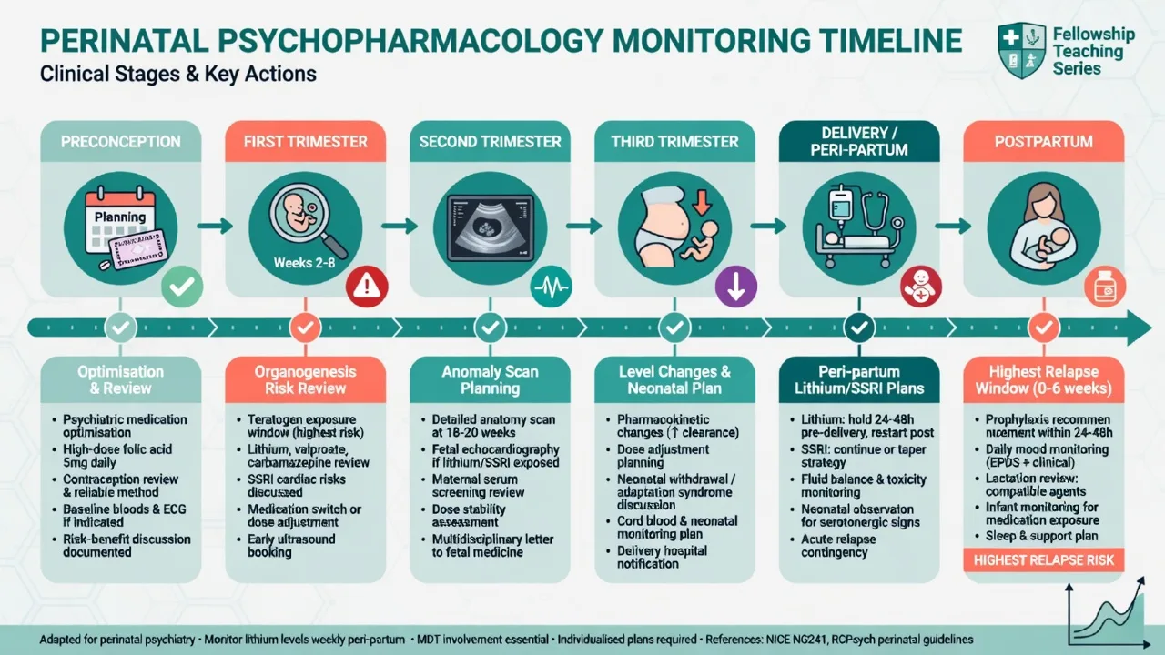 Timeline preconception through postpartum for psychotropic planning and monitoring