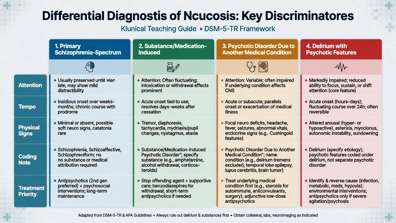 Four-column comparison of primary spectrum, substance-induced, medical-condition psychosis, and delirium