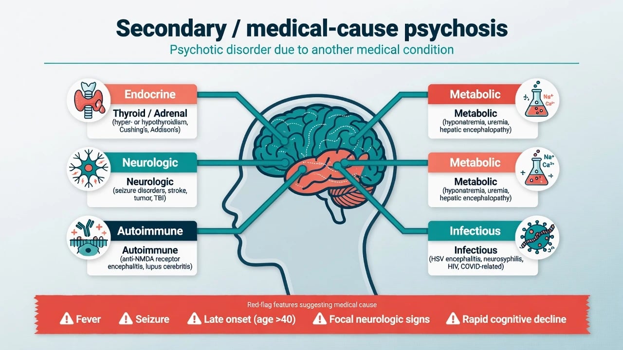 Secondary medical-cause psychosis cause domains endocrine neurologic autoimmune metabolic infectious with red-flag strip