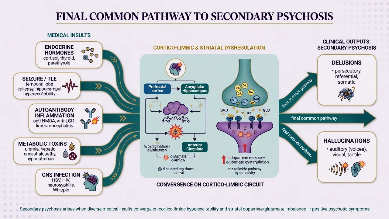 Medical insults converging on cortico-limbic circuits and secondary psychosis outputs
