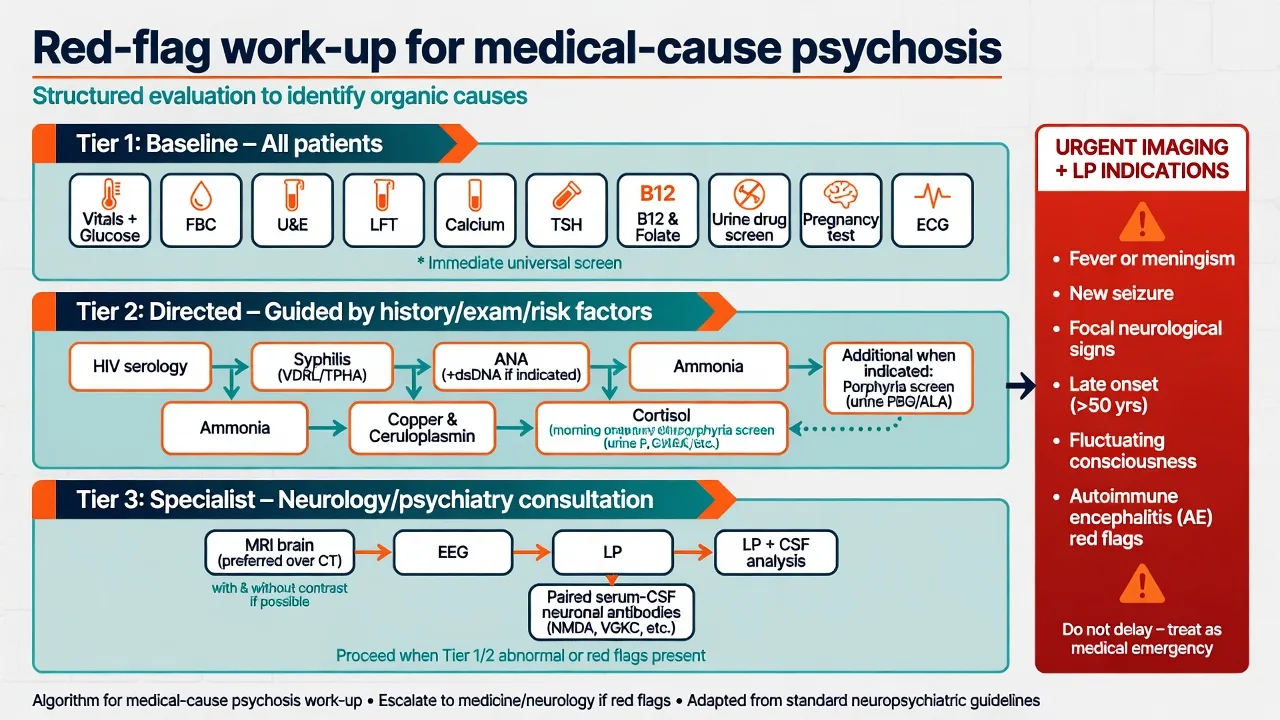 Three-tier work-up algorithm for medical-cause psychosis with urgent imaging and LP panel
