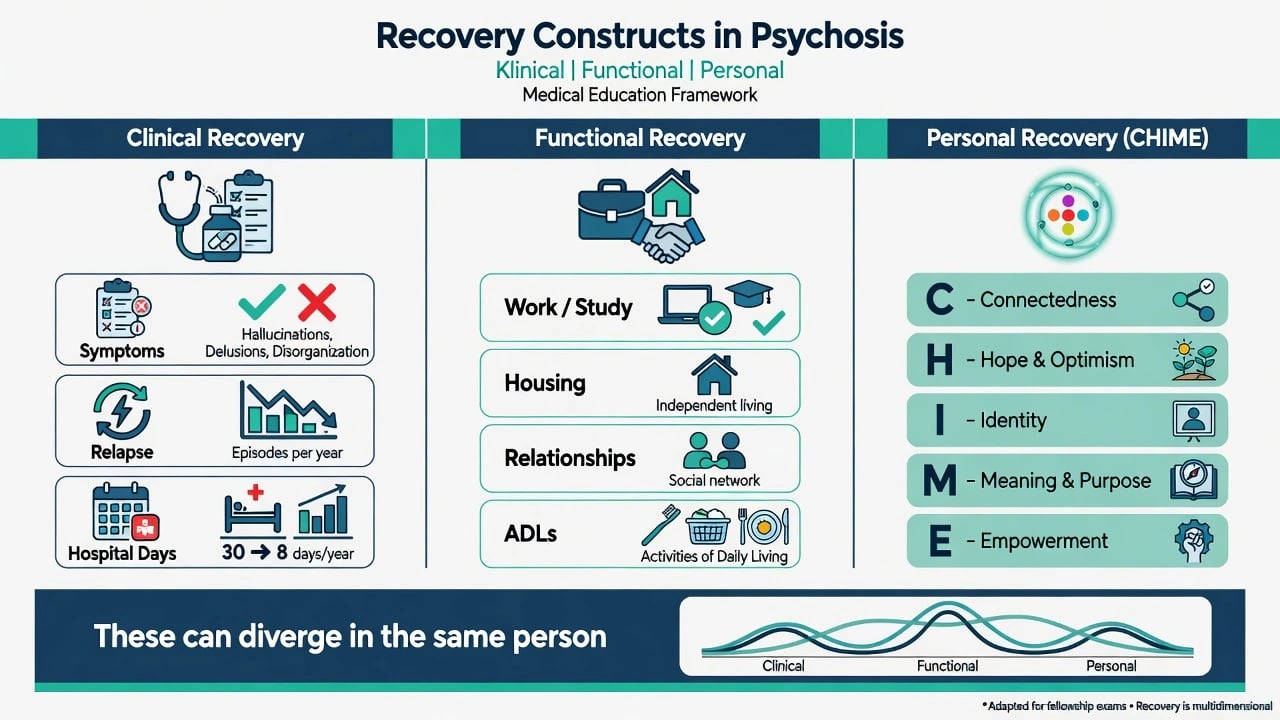 Three-column educational diagram comparing clinical recovery, functional recovery and personal recovery with CHIME elements