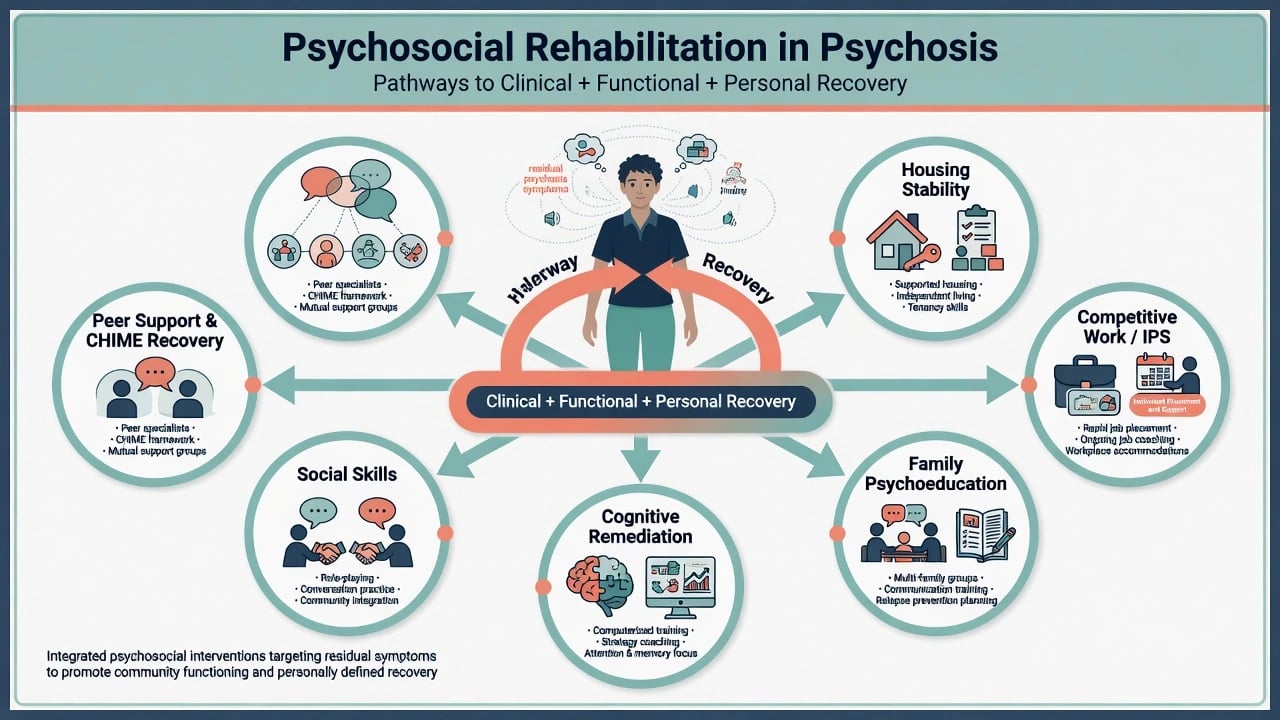 Educational diagram of psychosocial rehabilitation hubs around a person with psychosis including housing, IPS work, family psychoeducation, cognitive remediation, social skills and peer recovery supports