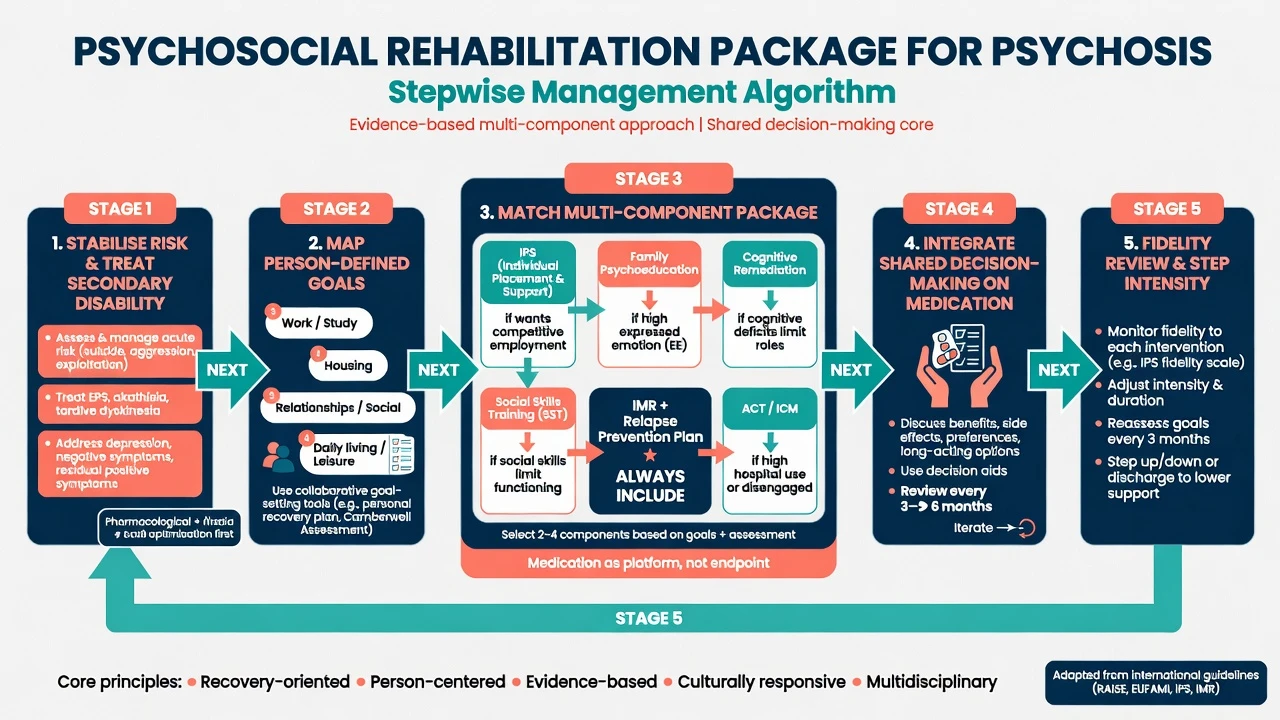 Stepwise algorithm from risk stabilisation and goal mapping to matched psychosocial package including IPS, family PE, cognitive remediation, SST, IMR and ACT intensity