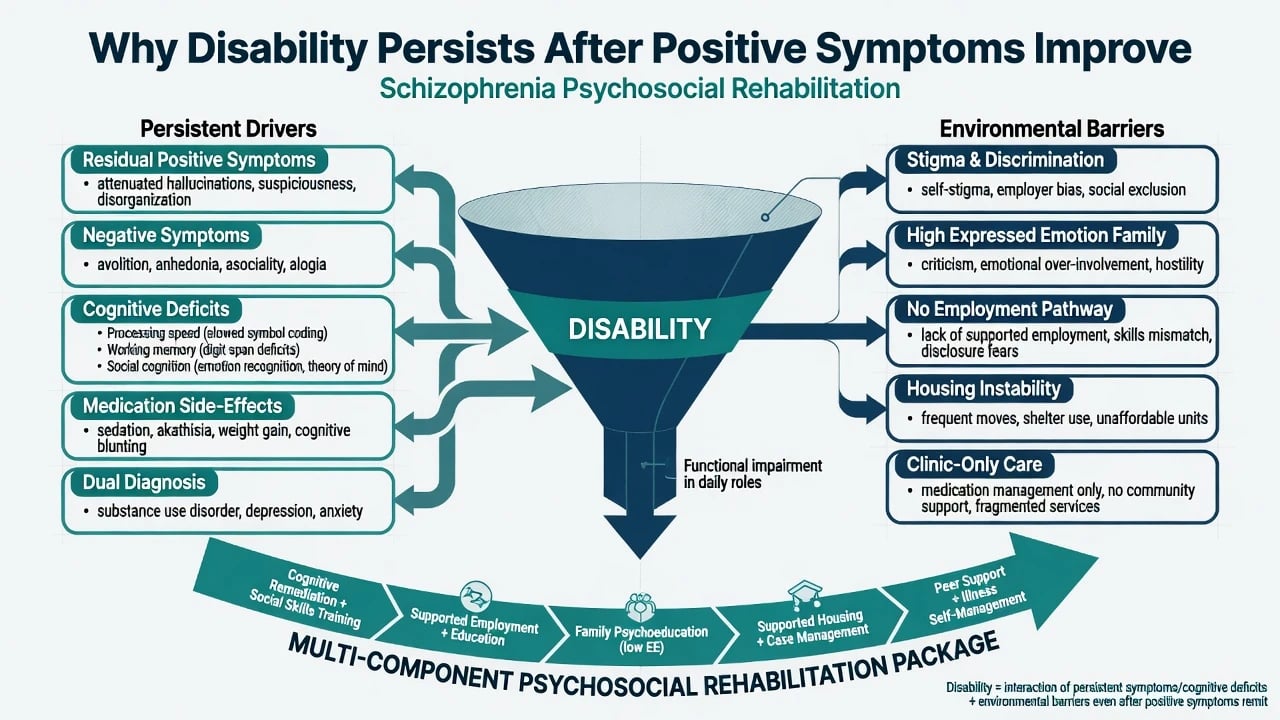Diagram of disability drivers in psychosis including residual symptoms, cognition, side-effects and environmental barriers leading to multi-component rehabilitation